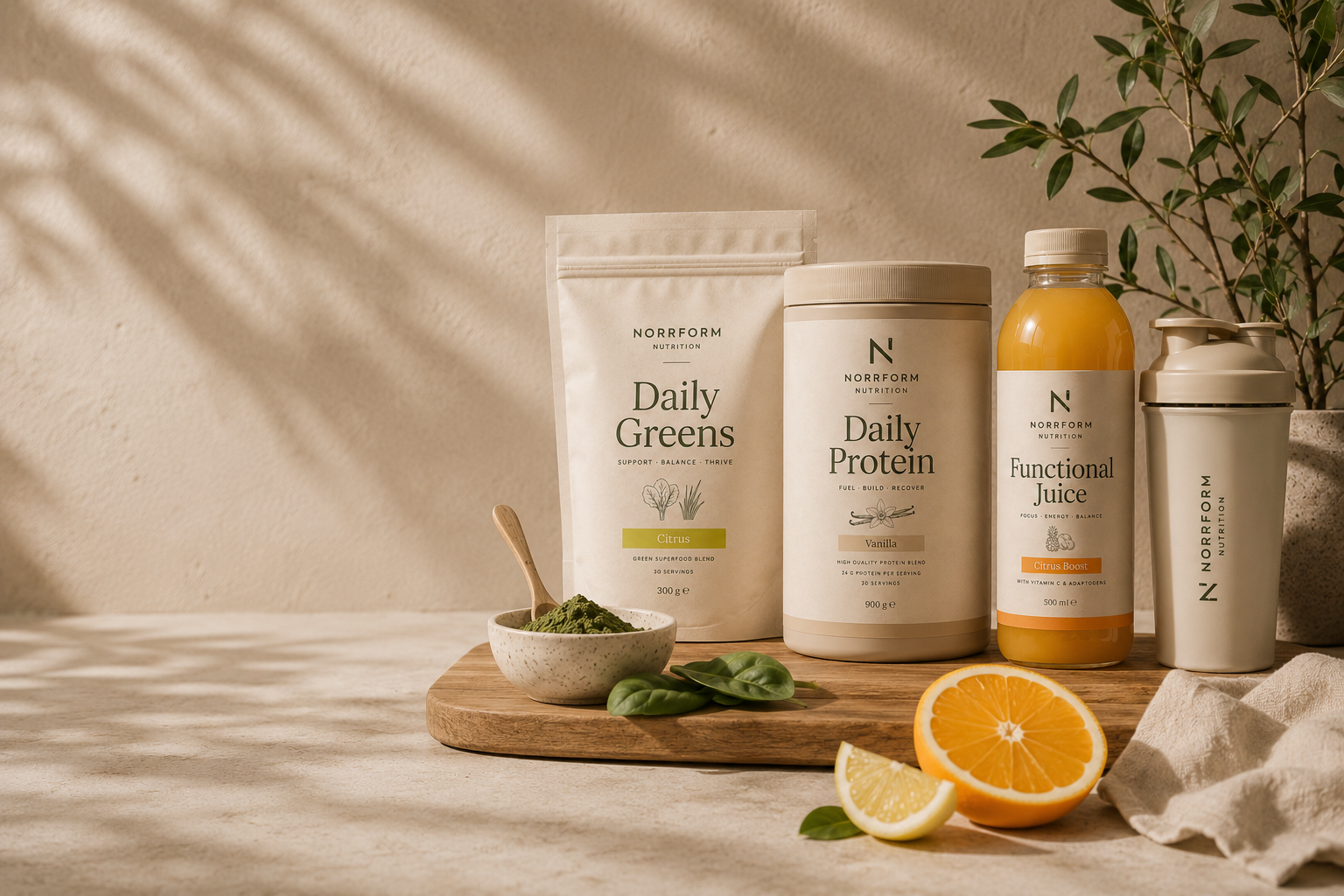 Daily Greens, Daily Protein och Functional Juice på en skärbräda med färsk citrus