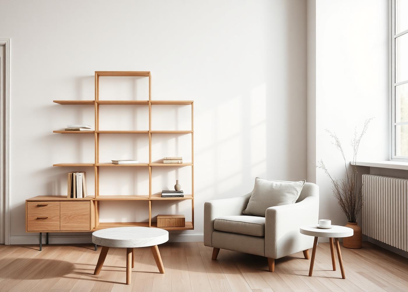 Interiör med modulhylla, loungestol och sidobord ur kollektionen Linje 01
